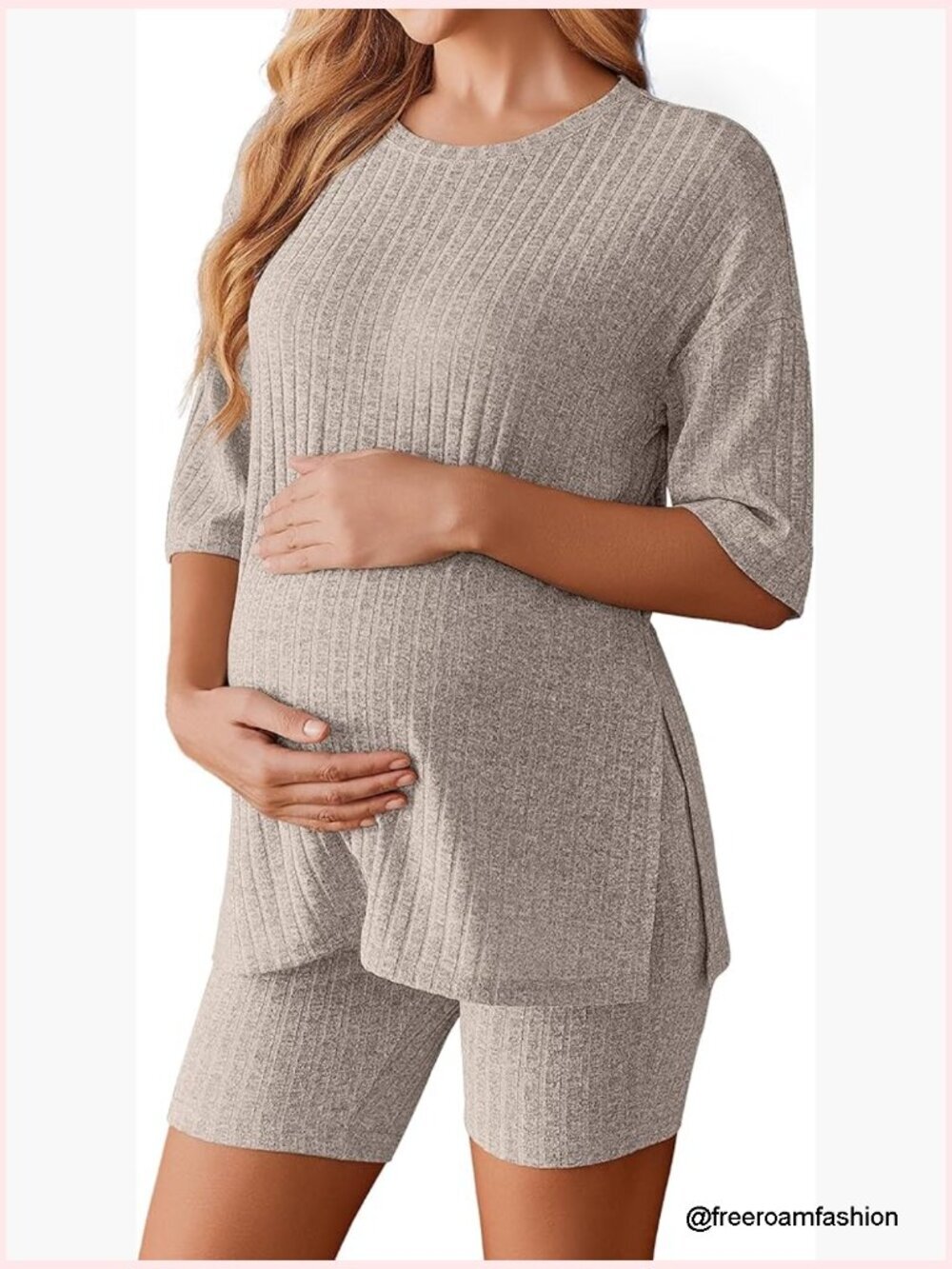 Maternity Short Sleeve Shirt and Biker Shorts Set, Ribbed Knit Fabric, Relaxed